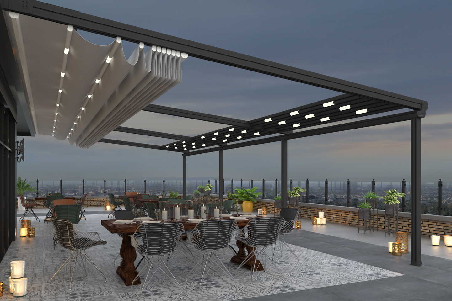 Pergola tenteler, çeşitli tasarım seçenekleri sayesinde mekanınıza özgün bir tarz katar. Farklı renkler, desenler ve malzemeler ile mekanınızın estetiğini kişiselleştirebilirsiniz.